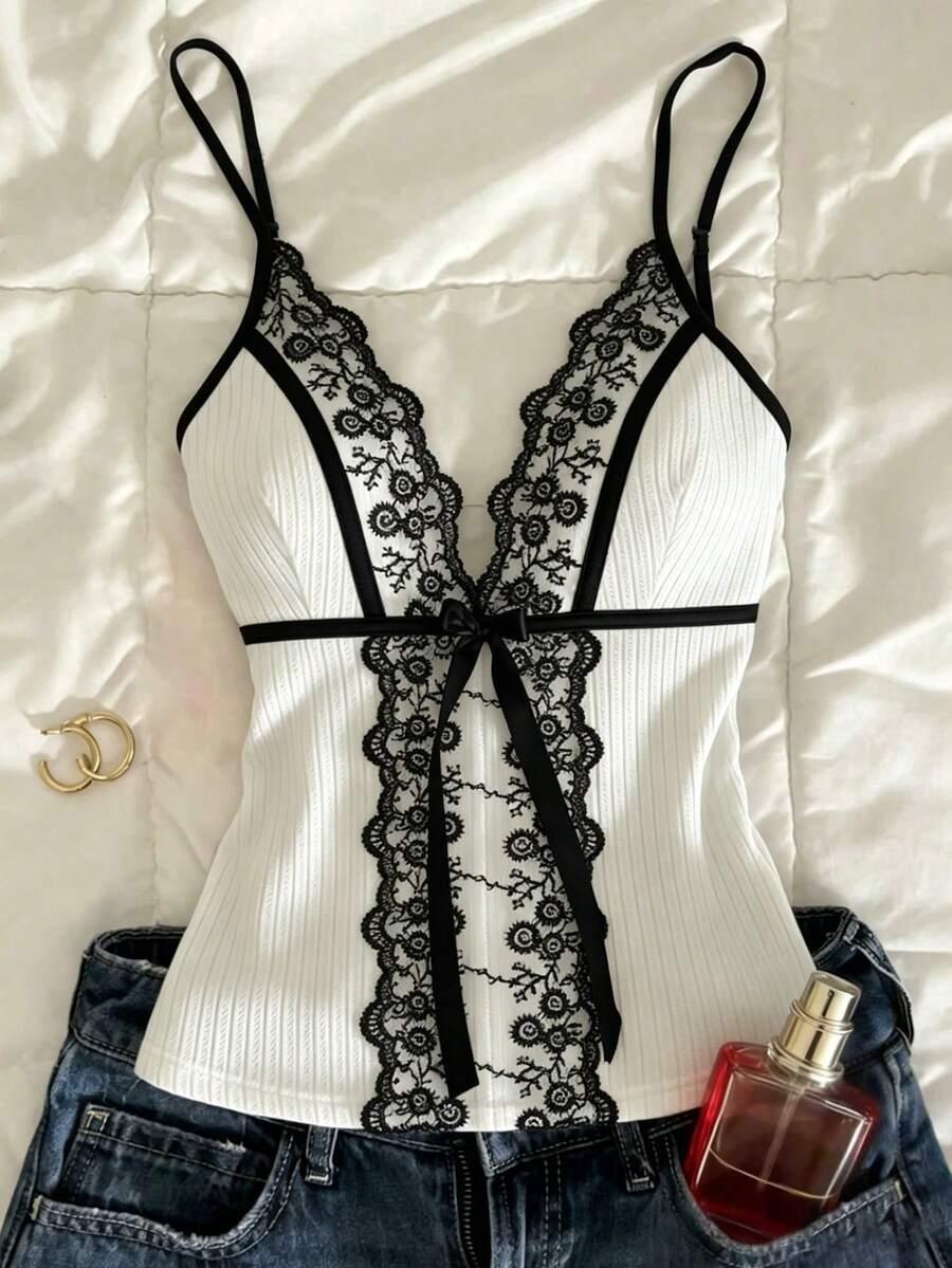islasuriya white ribbed lace patchwork camisole with tie
