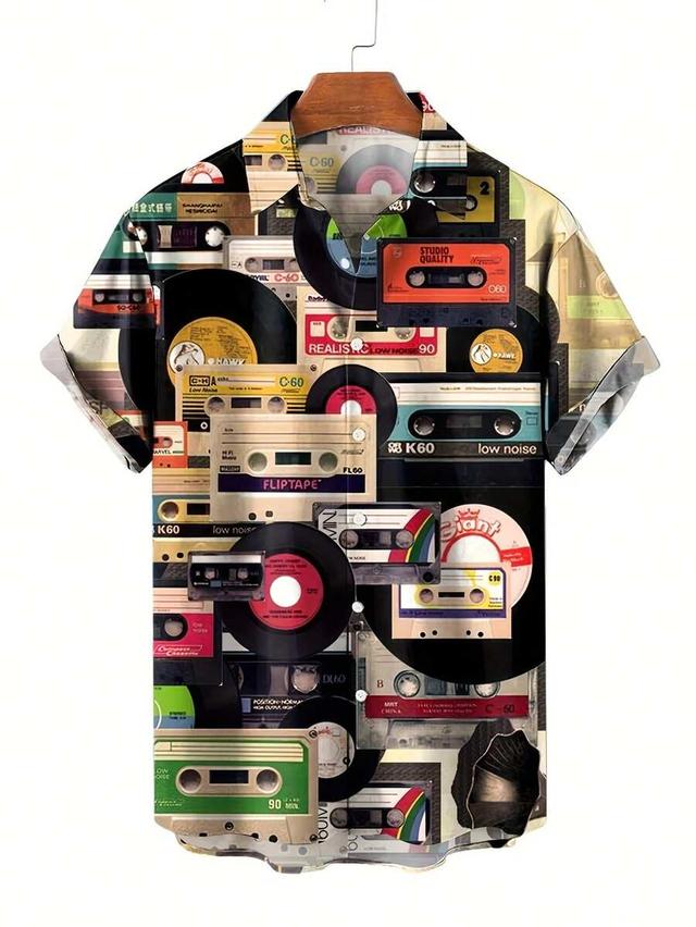 men's vintage cassette tape and record printed casual shirt