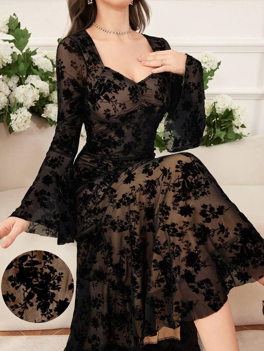 floral flocked mesh flare sleeve elegant midi dress