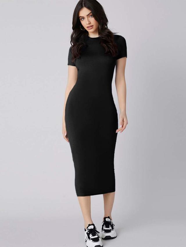 mulvari solid black bodycon midi dress