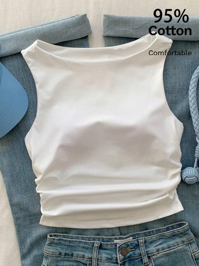 white cotton ruched casual tank top