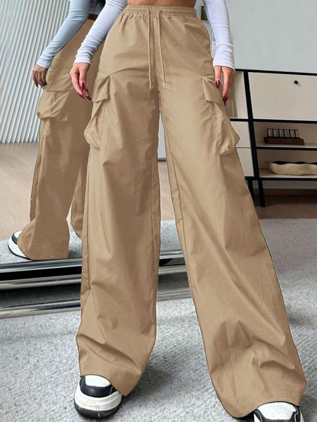 solid color high-waist wide leg woven cargo pants