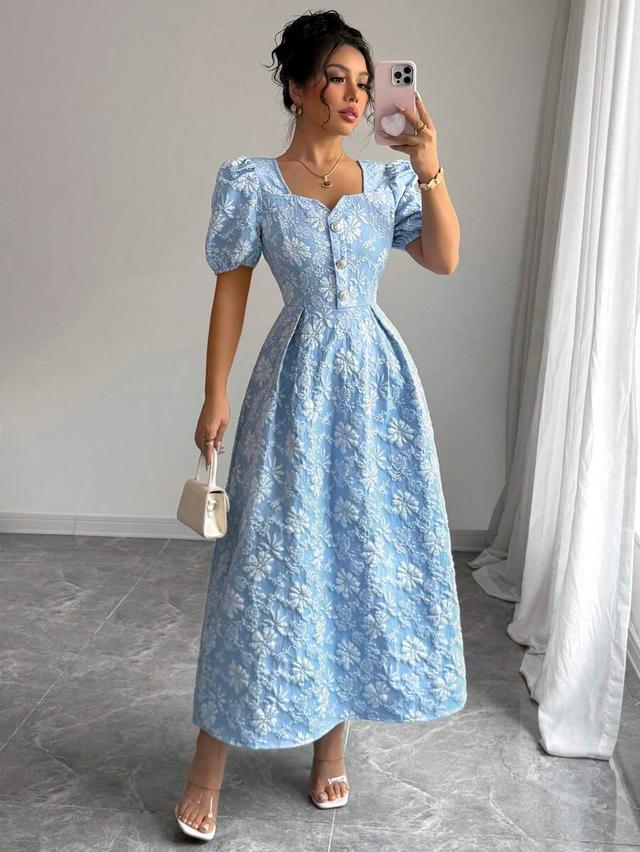 light blue floral geometric jacquard square neck a-line dress