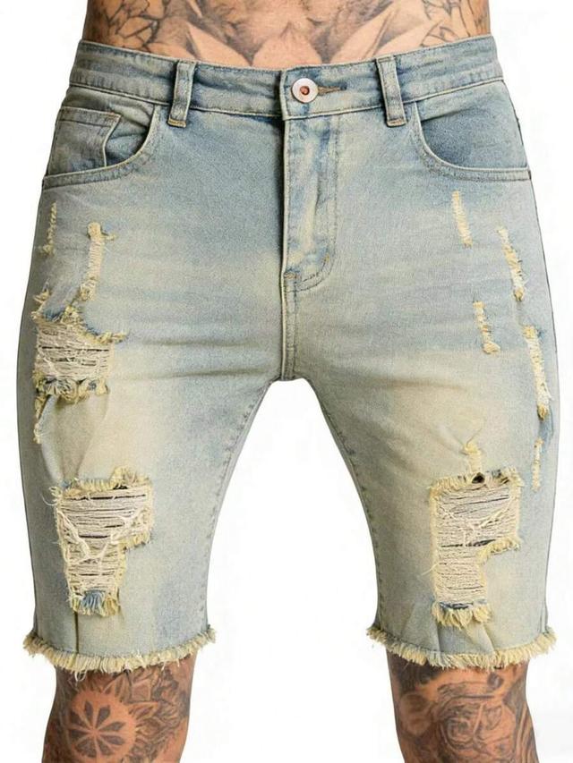 men's washed light denim distressed slim fit shorts