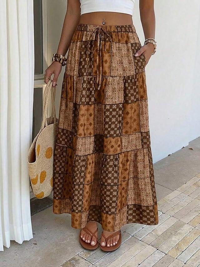 vintage style printed brown patchwork a-line skirt
