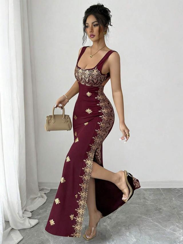 burgundy and gold backless slit hem fitted dress
