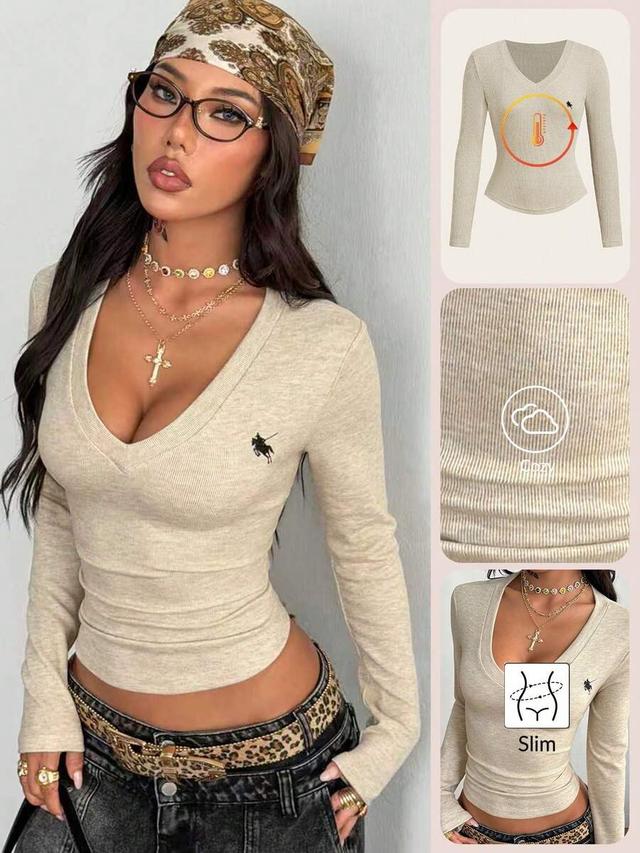 beige rib knit thermal long sleeve v-neck t-shirt
