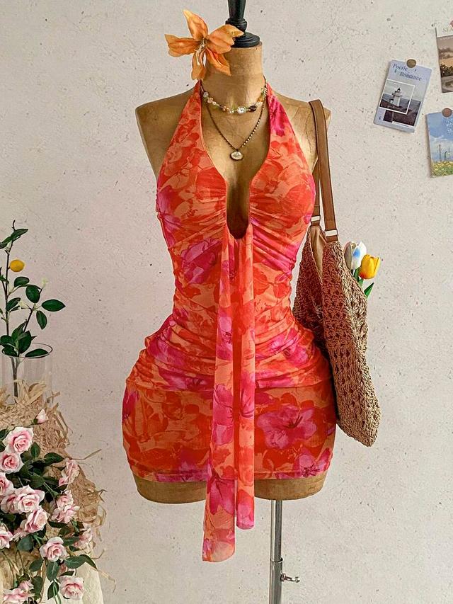 tropical print halter neck ruched bodycon mini dress