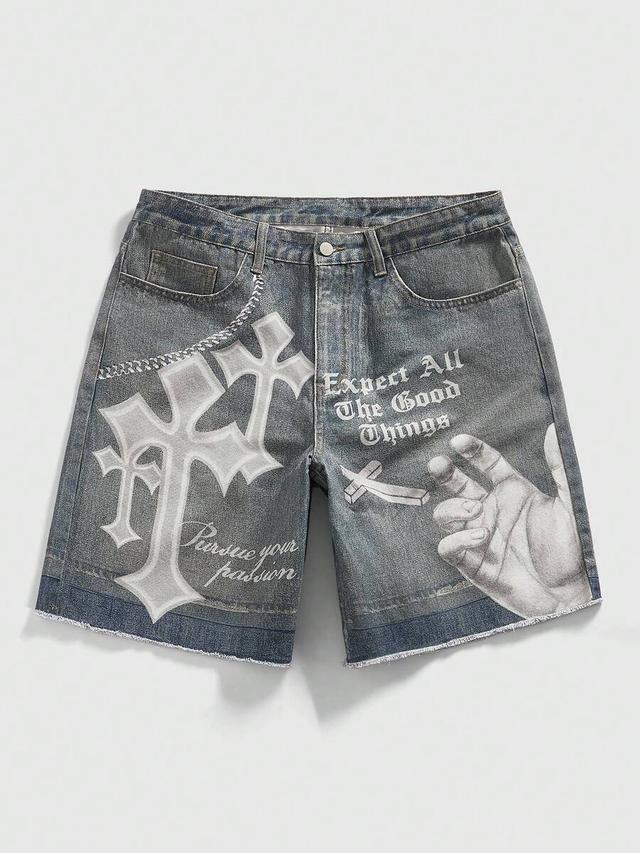 washed denim shorts with graphic cross and letter print