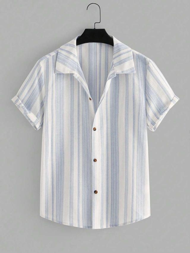 men's blue and white striped short sleeve shirt