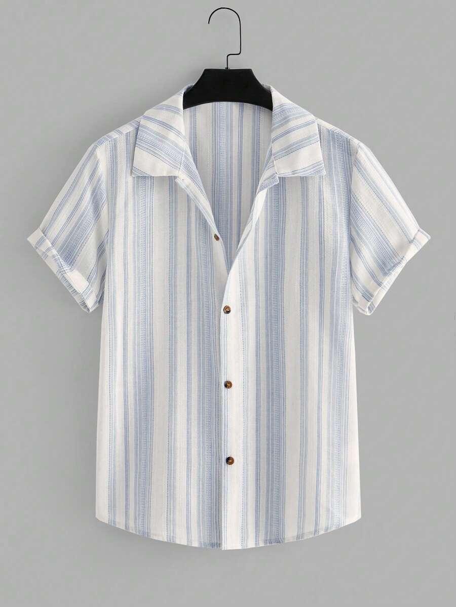 men's blue and white striped short sleeve shirt