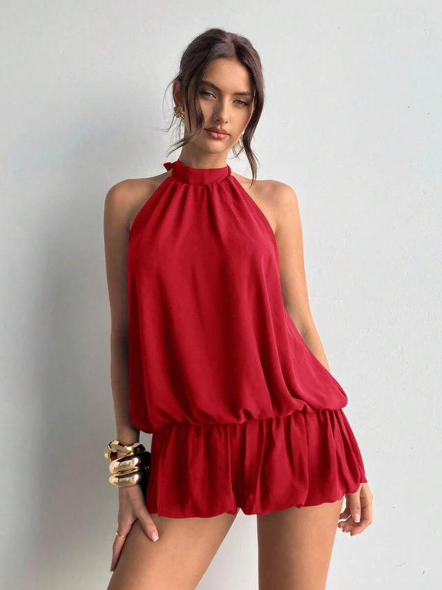red halter neck ruffle hem mini dress