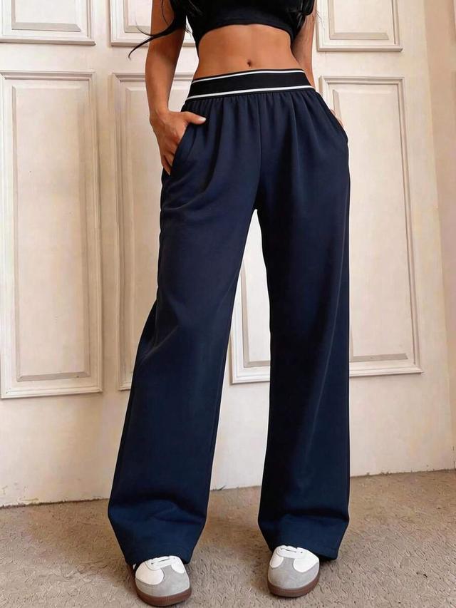 blue casual striped waistband wide leg sweatpants