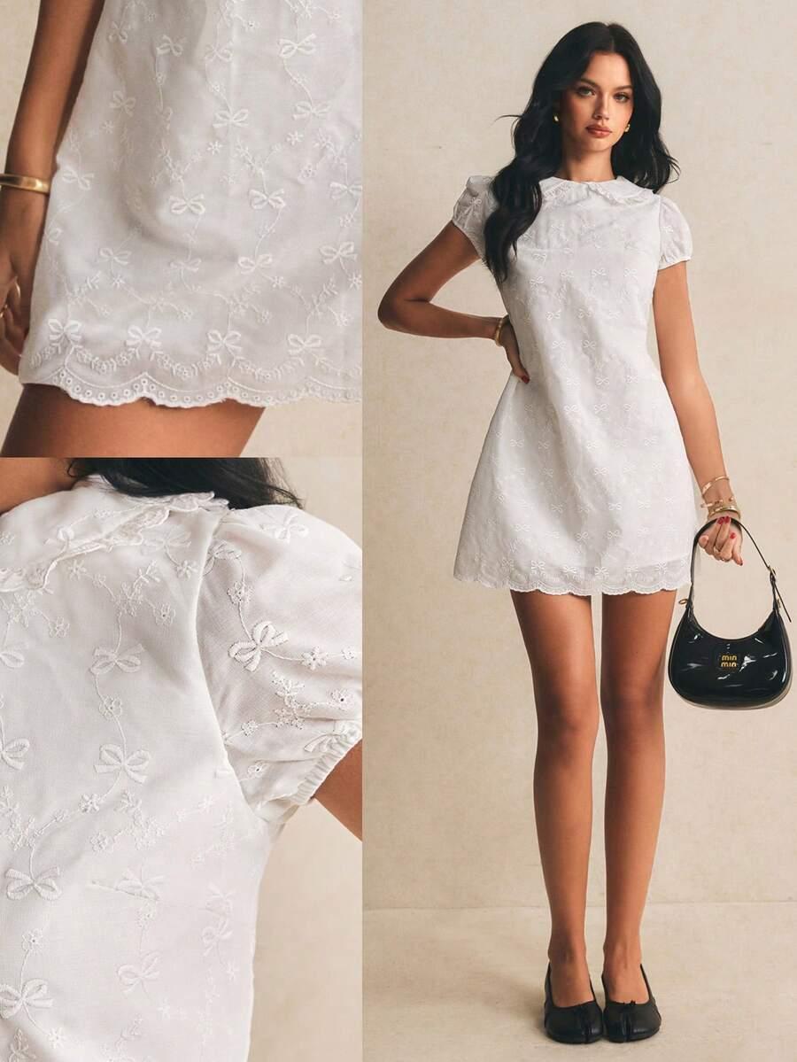 white embroidered bow peter pan collar mini dress