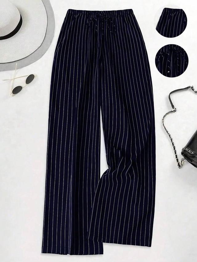 navy striped high waist casual wide leg trousers
