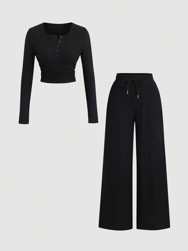 black ribbed lounge two-piece set with ruched top