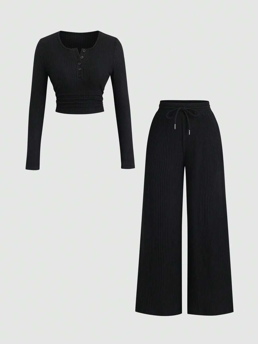 black ribbed lounge two-piece set with ruched top