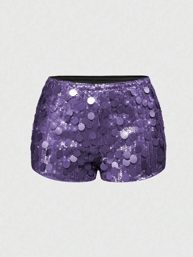 purple sequin embellished low waist mini shorts
