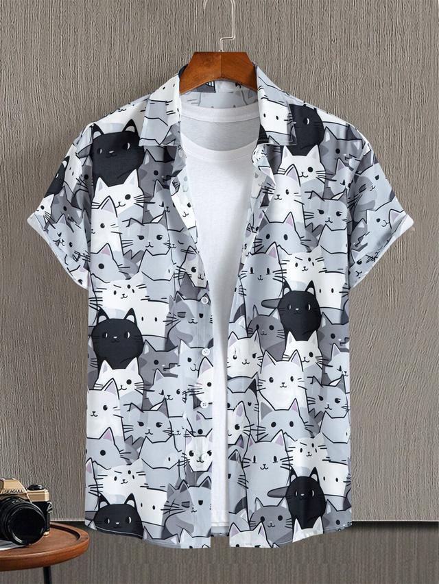 short sleeve casual shirt with cartoon cat print