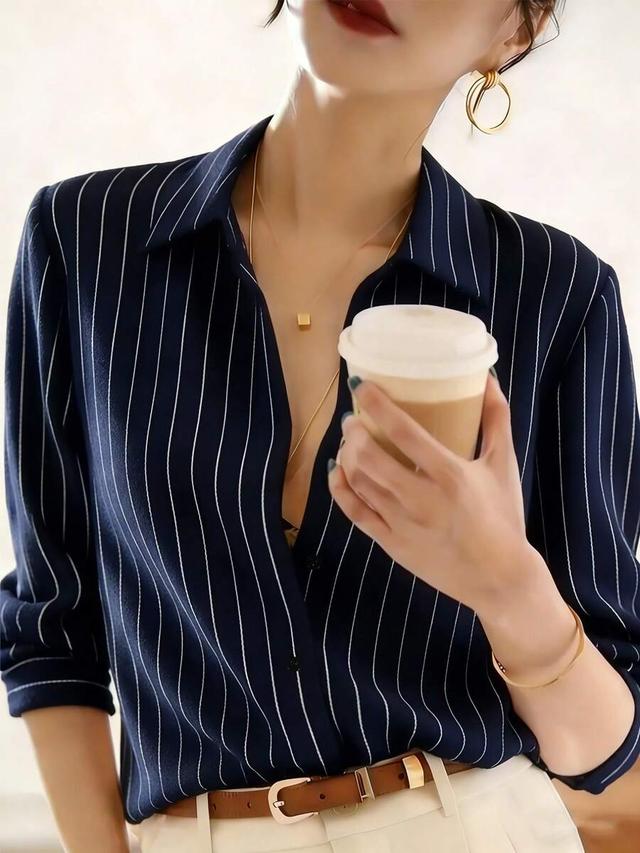 women's elegant long sleeve striped shirt with collar button