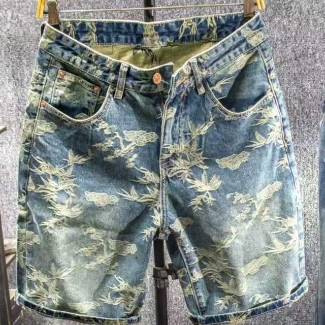 men's retro jacquard denim shorts with washed finish