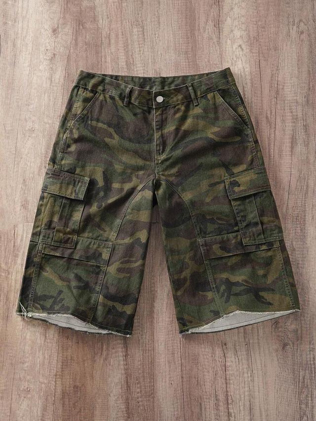 camouflage cargo denim shorts with frayed hem