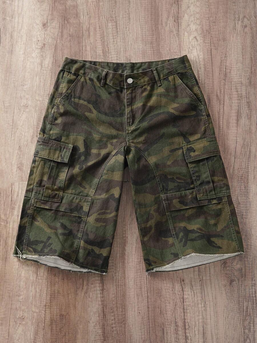 camouflage cargo denim shorts with frayed hem