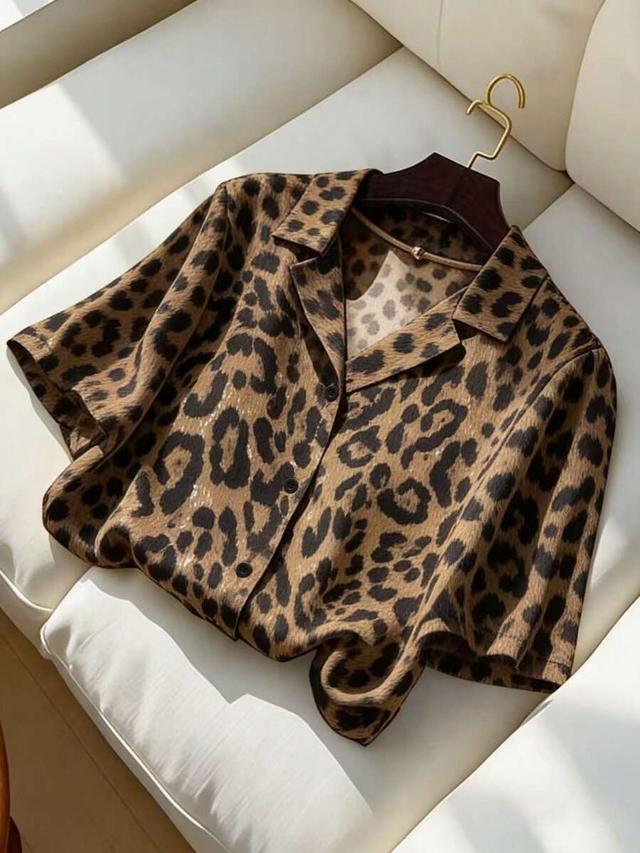 leopard print short sleeve collared button down shirt