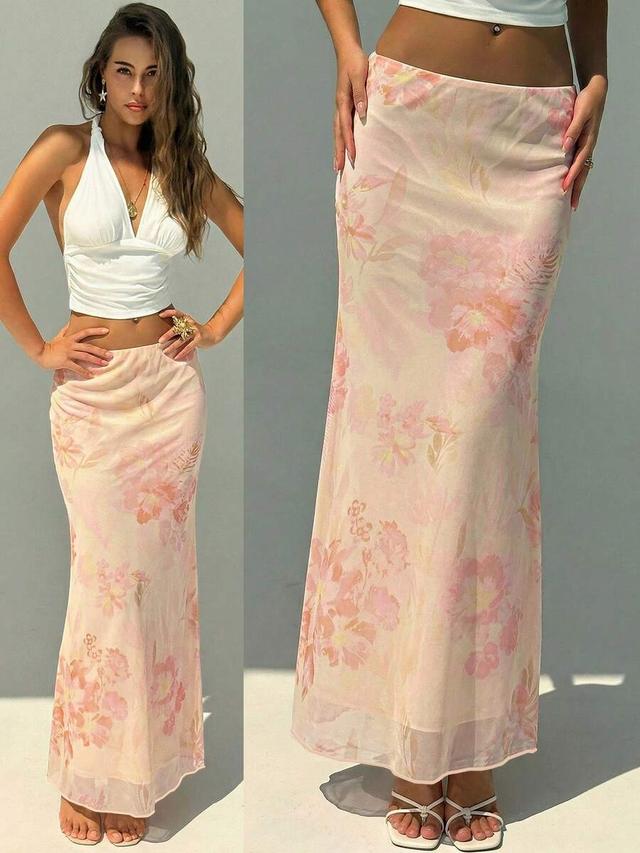 elegant floral print low waist maxi skirt