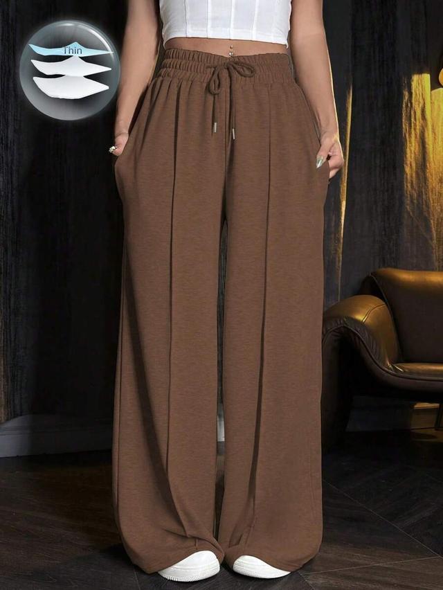 brown solid color drawstring waist wide leg sweatpants