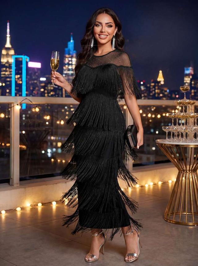 black sequin mesh patchwork tassel fitted dress