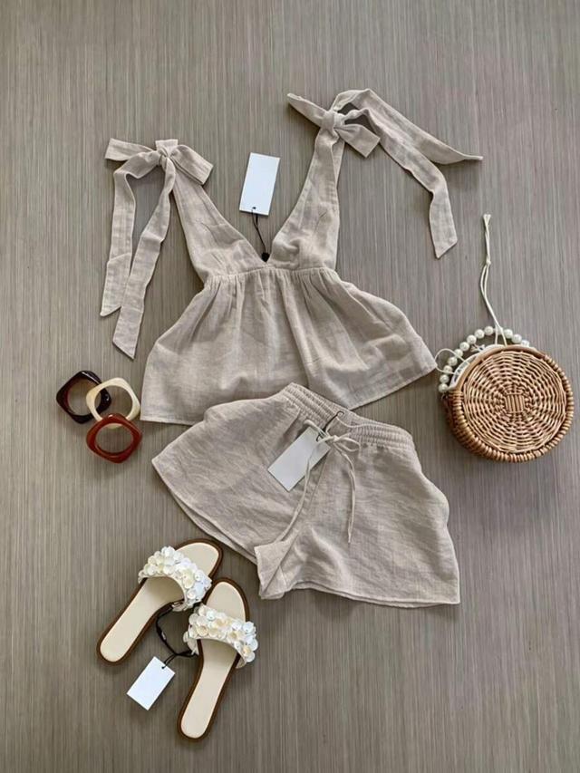 beige linen tie-strap cami and matching shorts set