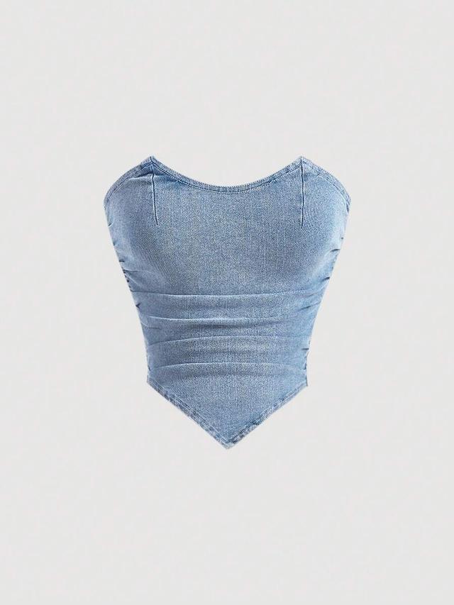 light wash denim pleated front tube crop top