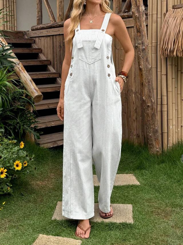 striped cotton linen blend wide leg dungarees