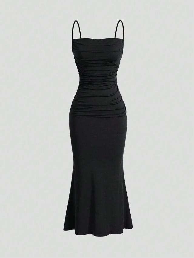 black ruched mermaid hem cami maxi dress