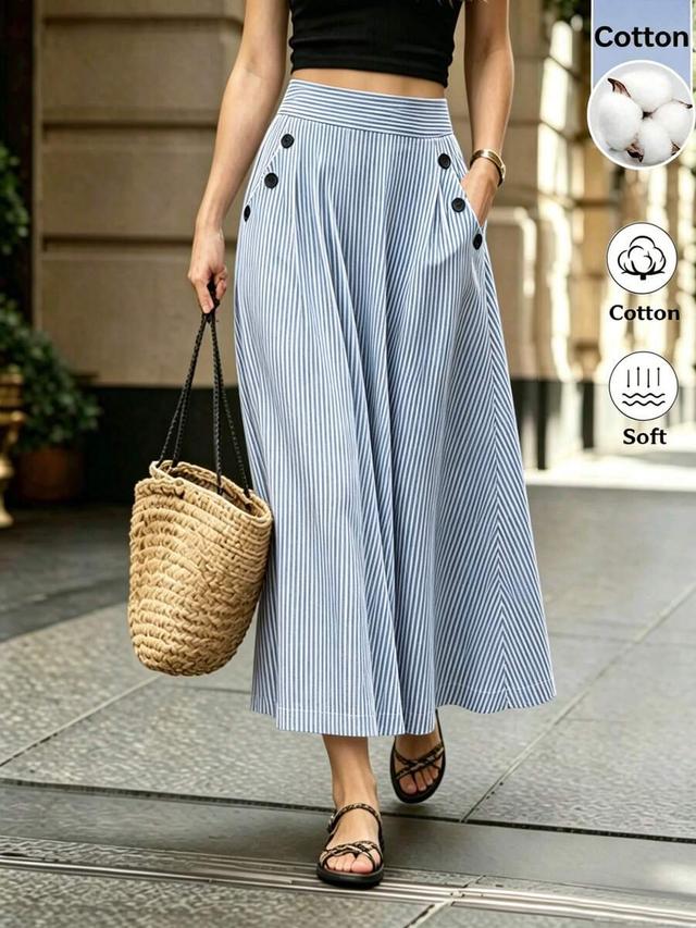 blue and white striped a-line midi skirt