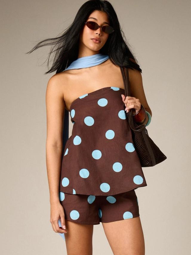 brown polka dot bandeau top and matching drawstring shorts
