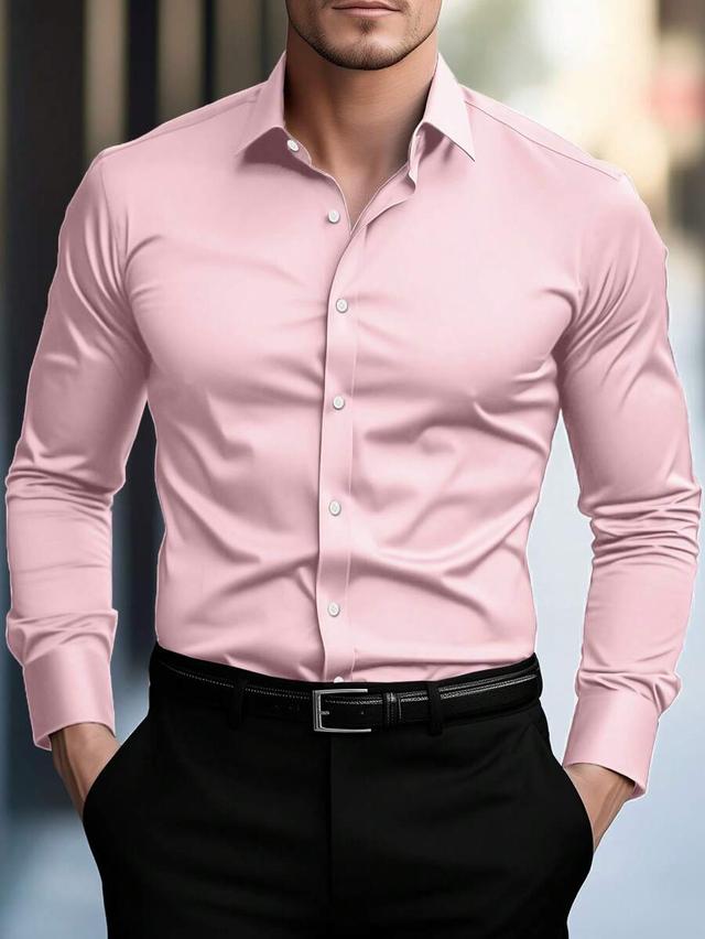 men's pink solid color long sleeve formal shirt