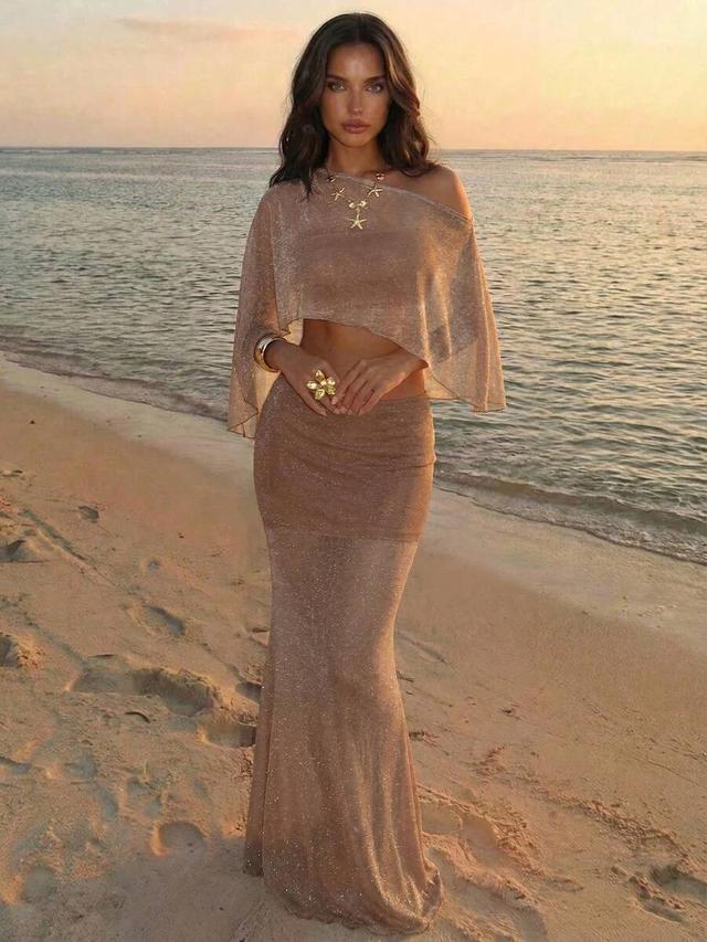 shimmering sheer asymmetric shoulder maxi cover-up skirt