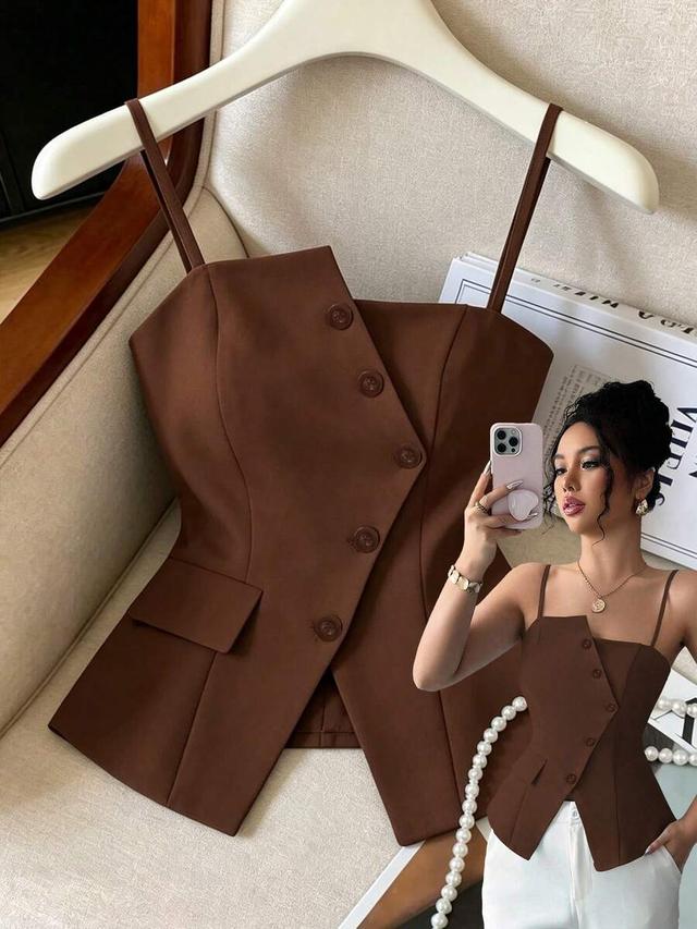 brown asymmetric buttoned cinched waist camisole