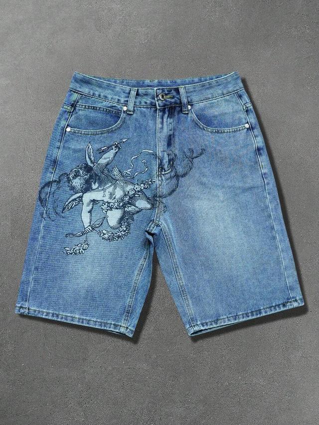 men's blue denim shorts with angel graphic print