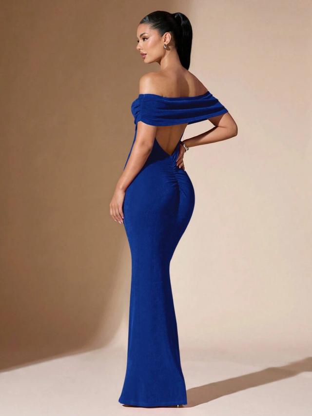 solid blue off shoulder backless fishtail prom dress