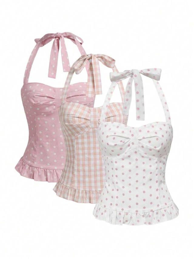 pink polka dot polka dot halter neck camisole with smocked bodice