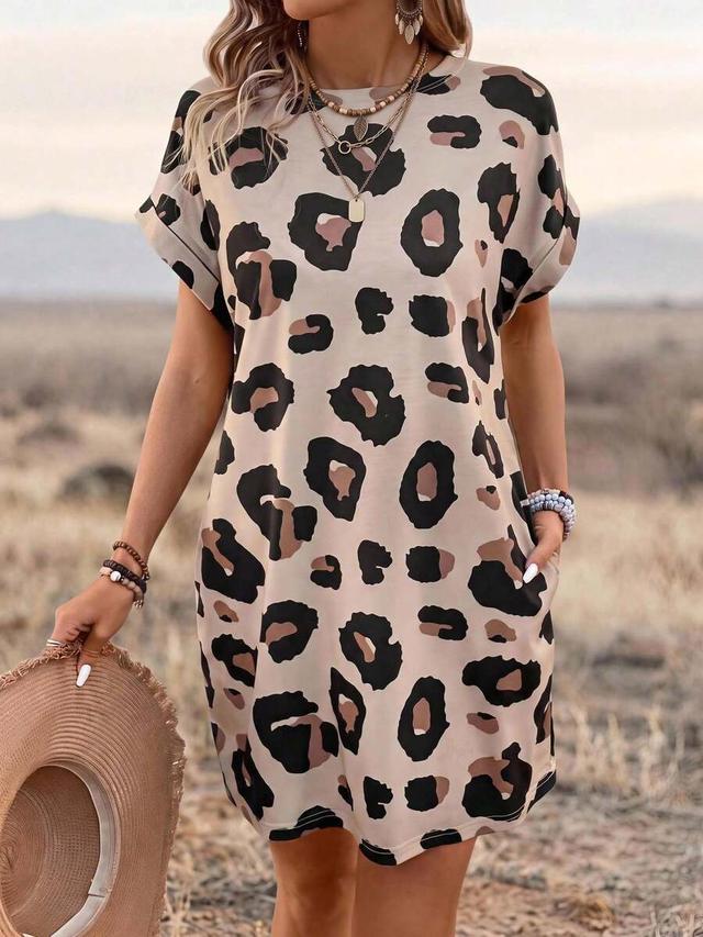 leopard print casual shift dress with pockets