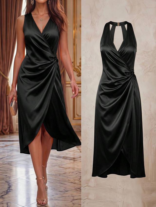 Black Satin Sleeveless Wrap Dress with Side Knot