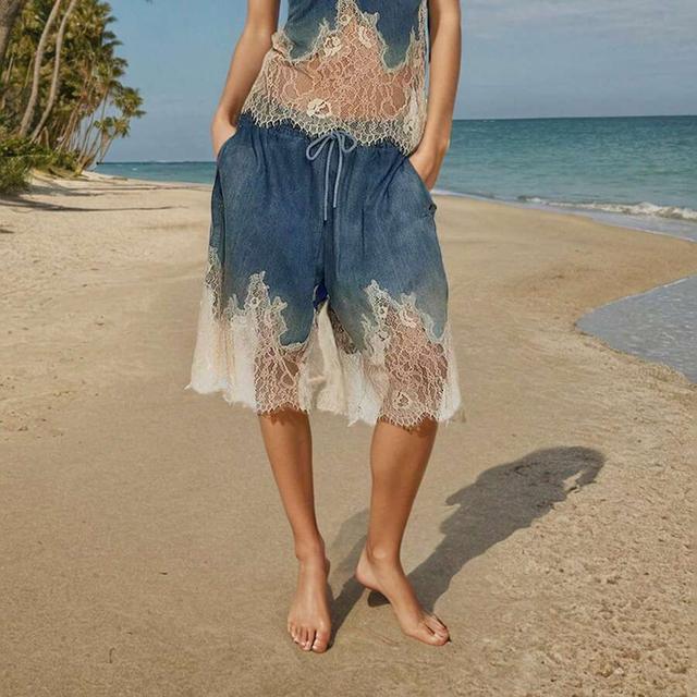 lace-spliced denim crop top and frayed shorts set