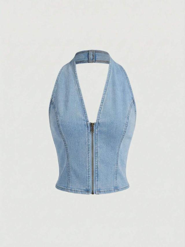 light wash denim zip front halter neck top