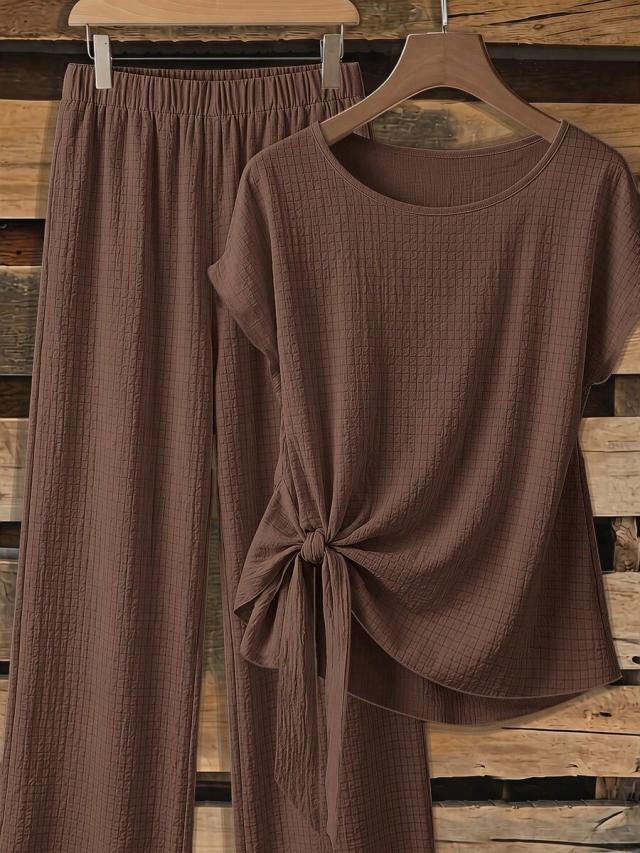 deep brown textured tie-front blouse