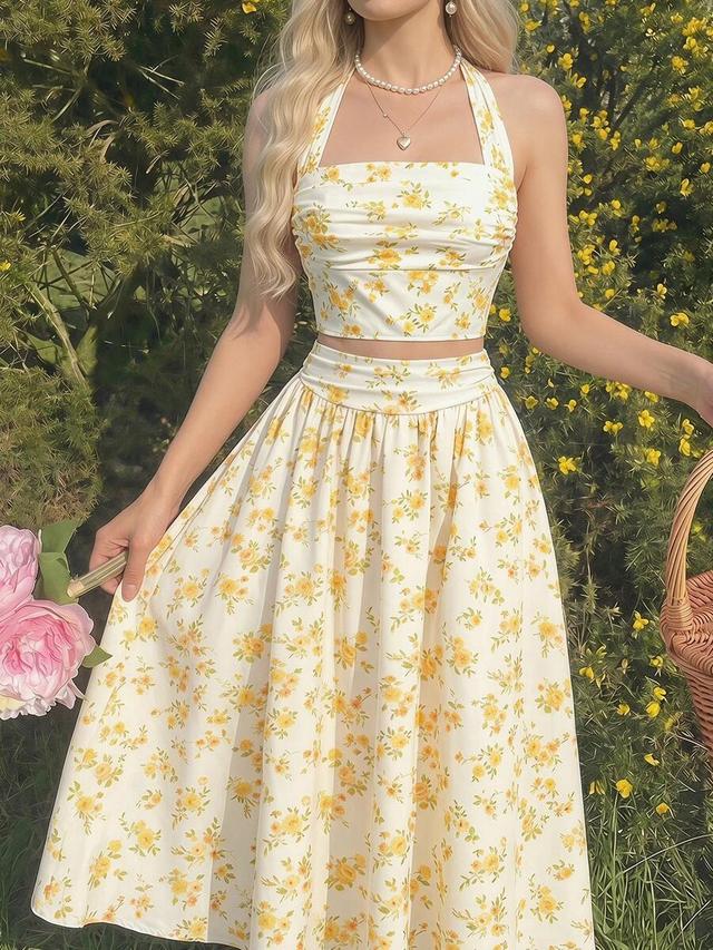 white and yellow ditsy floral halter top skirt set