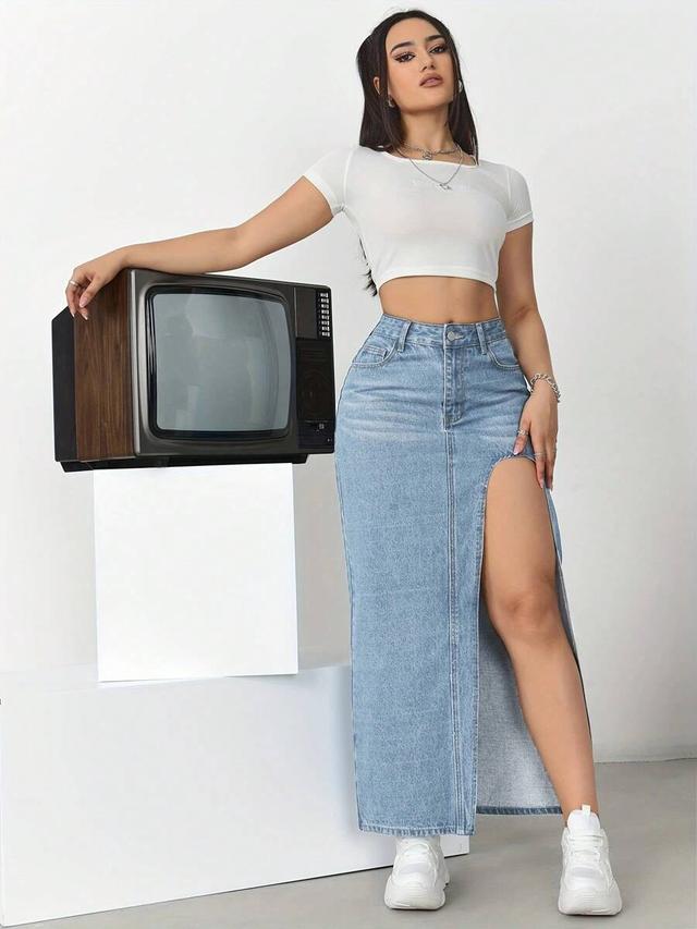 plain color casual split hem denim skirt